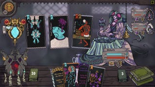 A medieval-style illustration of a seated woman being treated for sickness using Tarot-style cards. The scene is full of bright and mildly revolting colours.