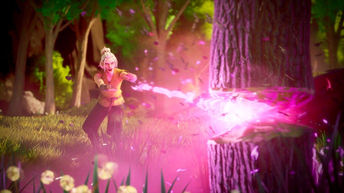 A player using magic to hew down a tree in RuneScape: Dragonwilds