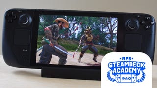 Yasuke duels a ronin in Assassin's Creed Shadows, running on a Steam Deck. The RPS Steam Deck Academy logo is added in the bottom-right corner.