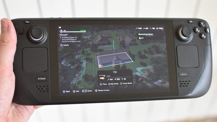 Building a hideout in Assassin's Creed Shadows, running on a Steam Deck.