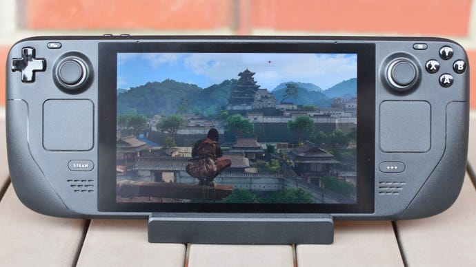 Naoe looks out over Osaka in Assassin's Creed Shadows, running on the Steam Deck.