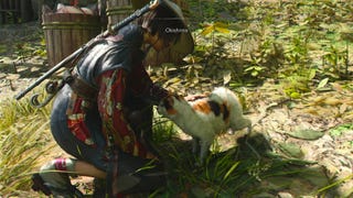 Naoe crouches to pet a cat on Cat Island in Assassin's Creed Shadows.