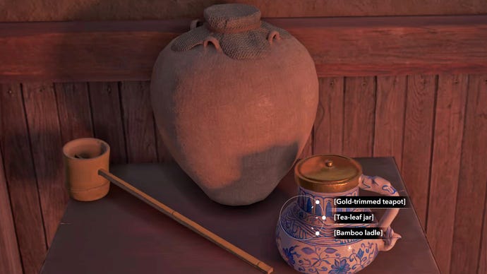 A close-up of three potential gifts in Assassin's Creed Shadows: a teapot, a jar, and a ladle.