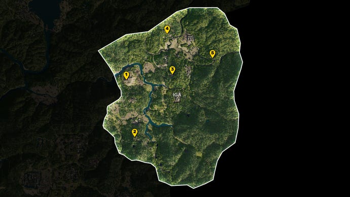 Part of the map of Assassin's Creed Shadows, with everything except the region of Iga greyed out, and all Viewpoints in the region marked and numbered in yellow.
