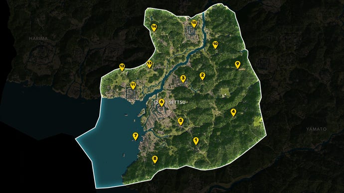 Part of the map of Assassin's Creed Shadows, with everything except the region of Izumi Settsu greyed out, and all Viewpoints in the region marked and numbered in yellow.
