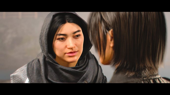 Katsuhime, one of the allies in Assassin's Creed Shadows, smiles at Naoe.