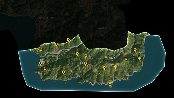 Part of the map of Assassin's Creed Shadows, with everything except the region of Kii greyed out, and all Viewpoints in the region marked and numbered in yellow.