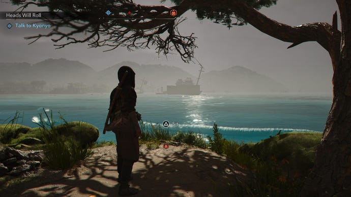 Standing at the Nakayama Peak Kuji-kiri location in Assassin's Creed Shadows, looking out at an expansive view of the sea.