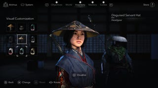 A close-up of Naoe in the Assassin's Creed Shadows menu with visual customizing of her headgear to a conical hat.
