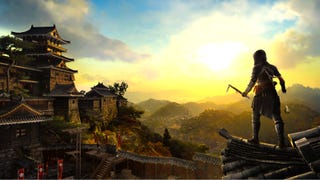 Naoe stands on a rooftop in Assassin's Creed Shadows, looking towards a hostile castle with her Kusarigama in her hands.