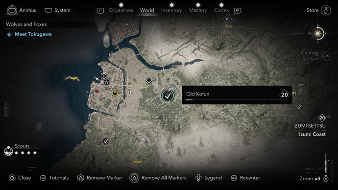 The world map of Assassin's Creed Shadows, showing a highlighted point in the middle with a check mark and green brackets, with a text box to the right reading 'Old Kofun'.