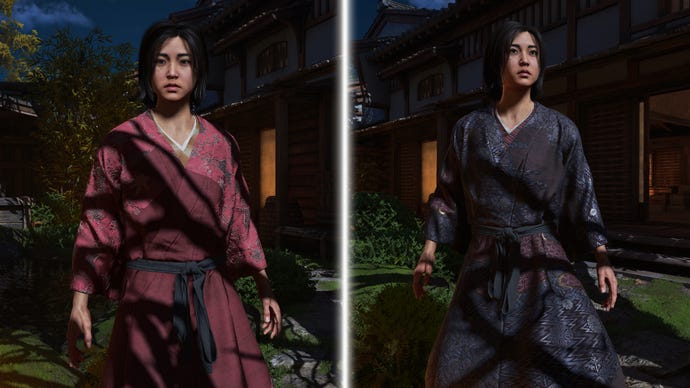 A side-by-side comparison of Naoe, a protagonist of Assassin's Creed Shadows, standing in a garden at night wearing two different styles of kosode: on the left she's wearing red Chinese silk, and on the right she's wearing black Portuguese silk.