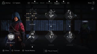 The Mastery menu screen of Assassin's Creed Shadows, with Naoe on the left and her six skill masteries shown on the rest of the screen.