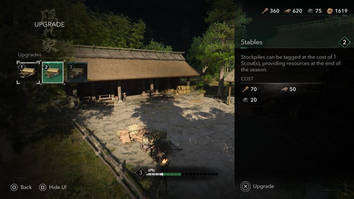 The Stables upgrade menu in Assassin's Creed Shadows showing an establishing shot of the Hideout's Stables, and upgrade options in panels on the left and right.