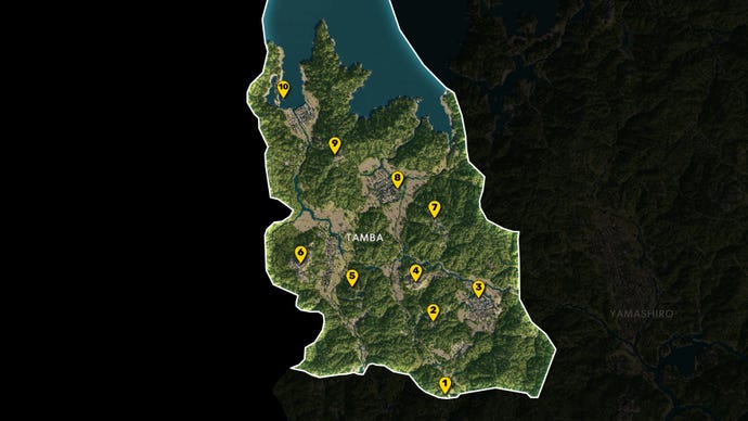 Part of the map of Assassin's Creed Shadows, with everything except the region of Tamba greyed out, and all Viewpoints in the region marked and numbered in yellow.