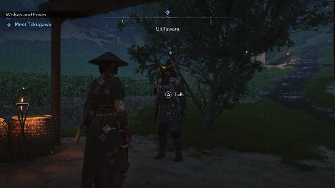 Naoe standing in front of the NPC Tokugawa in Assassin's Creed Shadows.
