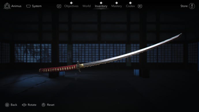 A long katana that has been customized from its original appearance in Assassin's Creed Shadows.