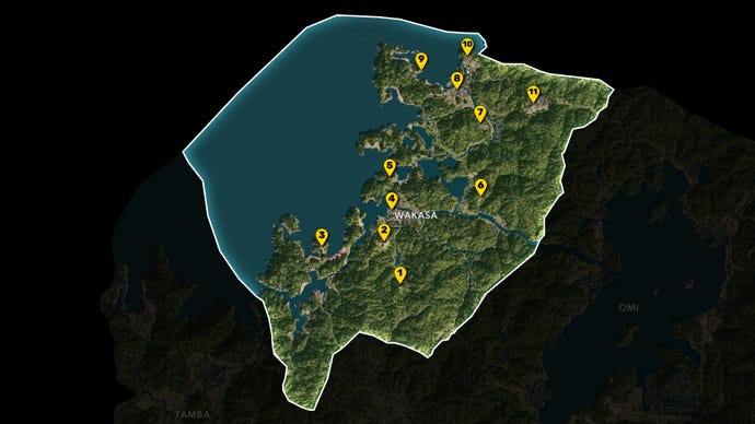 Part of the map of Assassin's Creed Shadows, with everything except the region of Wakasa greyed out, and all Viewpoints in the region marked and numbered in yellow.