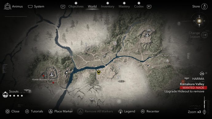 The world map of Assassin's Creed Shadows, with a line in the lower right corner showing that the Wanted status is active.