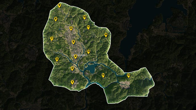 Part of the map of Assassin's Creed Shadows, with everything except the region of Yamashiro greyed out, and all Viewpoints in the region marked and numbered in yellow.