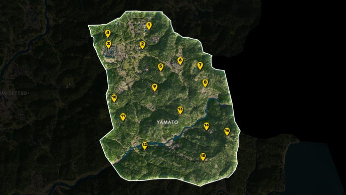 Part of the map of Assassin's Creed Shadows, with everything except the region of Yamato greyed out, and all Viewpoints in the region marked and numbered in yellow.