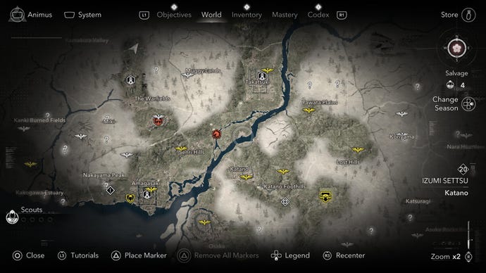 The world map in Assassin's Creed Shadows. Notably, the season is listed in the upper right corner.