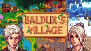 Pixelart representations of two Baldur's Gate 3 characters framed against scenes from a Stardew Valley mod based on the Larian RPG, with "Baldur's Village" in Stardew text in the middle
