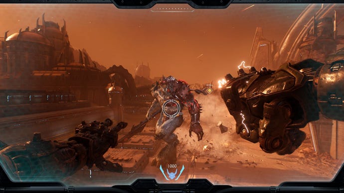 The player raises his mech's fist, ready to launch a strike at an enemy demon.
