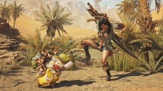 A downloadable character gesture for Monster Hunter Wilds, showing a female hunter with a sword and her cat buddy stamping their feet.