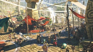 The Grand Hub area in Monster Hunter Wilds - an expanse of carved stone pillars and colourful tents with lots of players milling around.