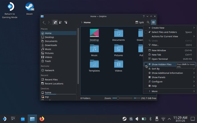 Step 2 of how to fix InZoi's main menu on the Steam Deck: in Dolphin, set hidden files to visible and navigate to the Windows file in InZoi's config folder.