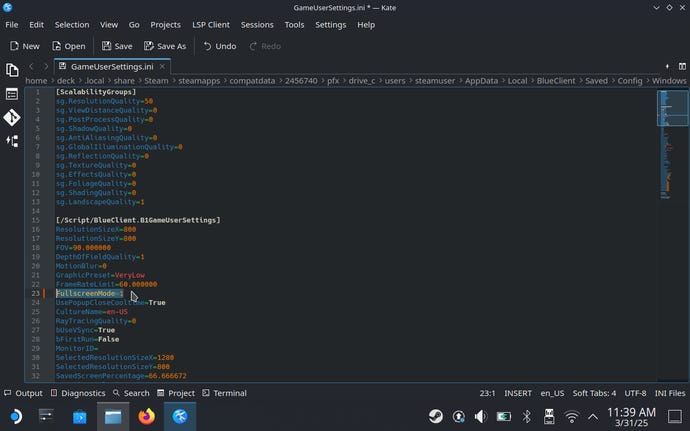 Step 4 of how to fix InZoi's main menu on the Steam Deck: change the FullscreenMode value from 0 to 1 and save.