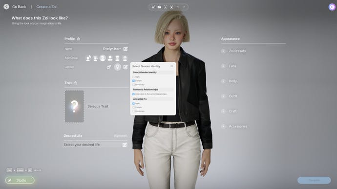 The gender identity options during inZoi's character creator.