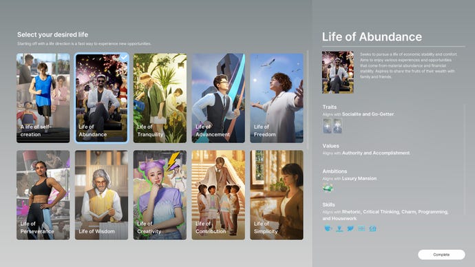 A menu for selecting your "desired life", at the onset of inZoi.