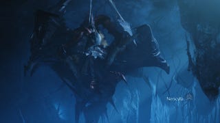 A Monster Hunter Wilds screenshot showing the Nerscylla spider monster upside-down hanging from the ceiling while spinning a Lynian creature into a ball.
