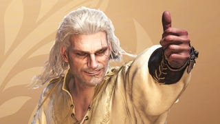 A close-up of the hunter character in the Monster Hunter Wilds character creation screen, looking like Geralt of Rivia, and giving someone off-camera a smile and thumbs up much like the famous meme.