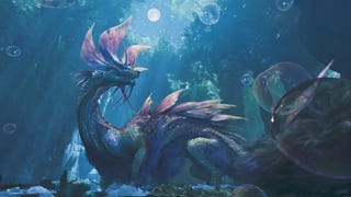 The Mizutsune in Monster Hunter Wilds - a rainbow-scaled leviathan with lots of flappy bits, seen on a moonlit forest night.
