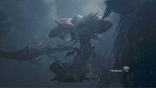 A group of Hirabami, a large monster in Monster Hunter Wilds, flies towards the player hunter in the Iceshard Cliffs.