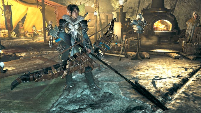 A female hunter in Monster Hunter Wilds poses in front of the camera with their weapon of choice, the Bow.
