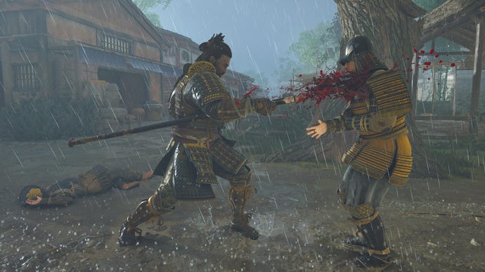 Yasuke eviscerates an enemy through the neck with his naginata in Assassin's Creed Shadows.