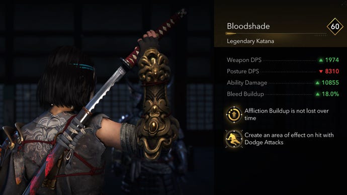 A close-up of the Bloodshade legendary katana in Assassin's Creed Shadows.