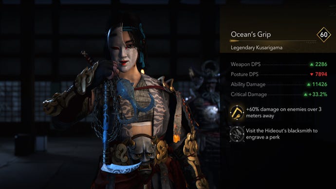 A close-up of the Ocean's Grip legendary kusarigama in Assassin's Creed Shadows.