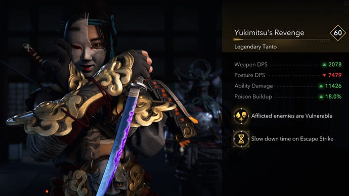 A close-up of the Yukimitsu's Revenge legendary tanto in Assassin's Creed Shadows.
