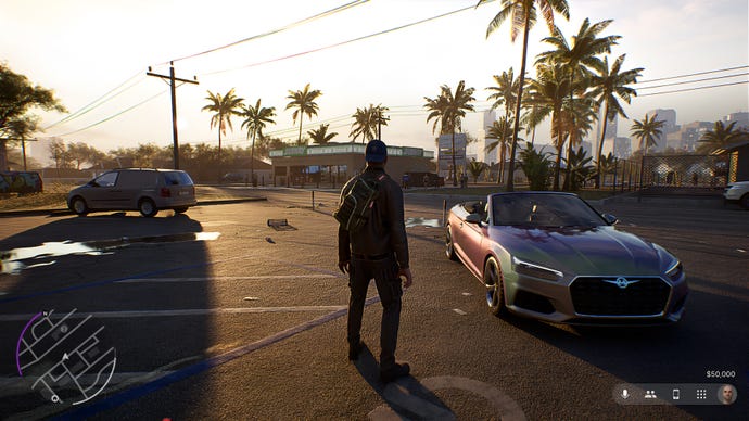 The player stands in a car park next to a sports car as the sun sets over palm trees in the distance.