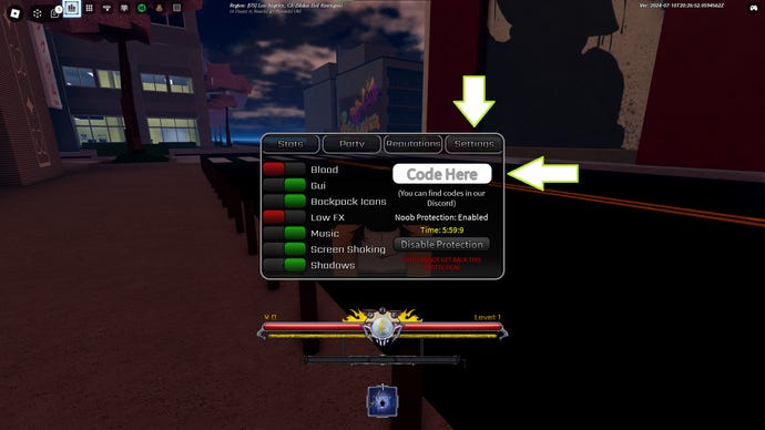 A screenshot from the Roblox game Peroxide showing the menu used to redeem codes.