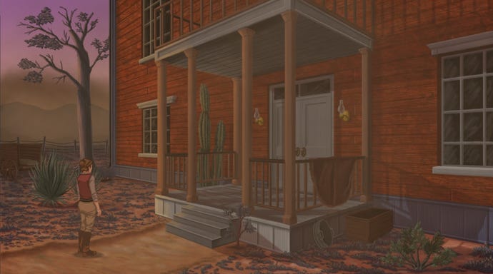 The protagonist stands outside a dusty house in Rosewater.