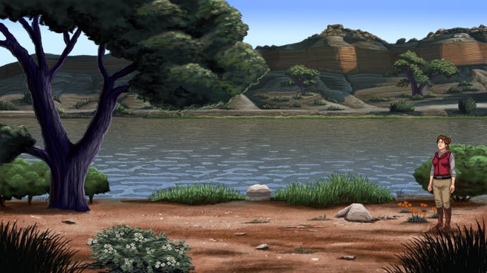 The protagonist beside a river in Rosewater.