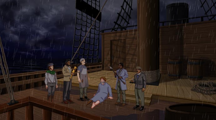 Characters hang out aboard a ship in Rosewater.