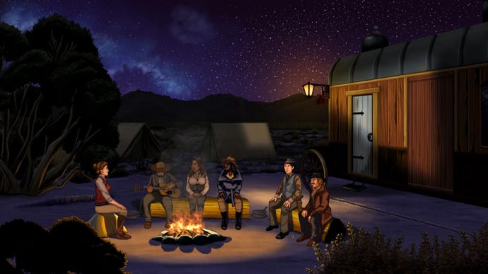 Characters huddle around a campfire in Rosewater.