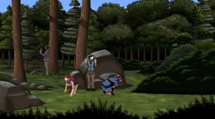 Characters, weapons drawn, take cover behind a tree and a boulder in Rosewater.